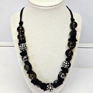 J. Crew Glass and Rhinestone Beaded Black Ribbon Tie Statement Necklace